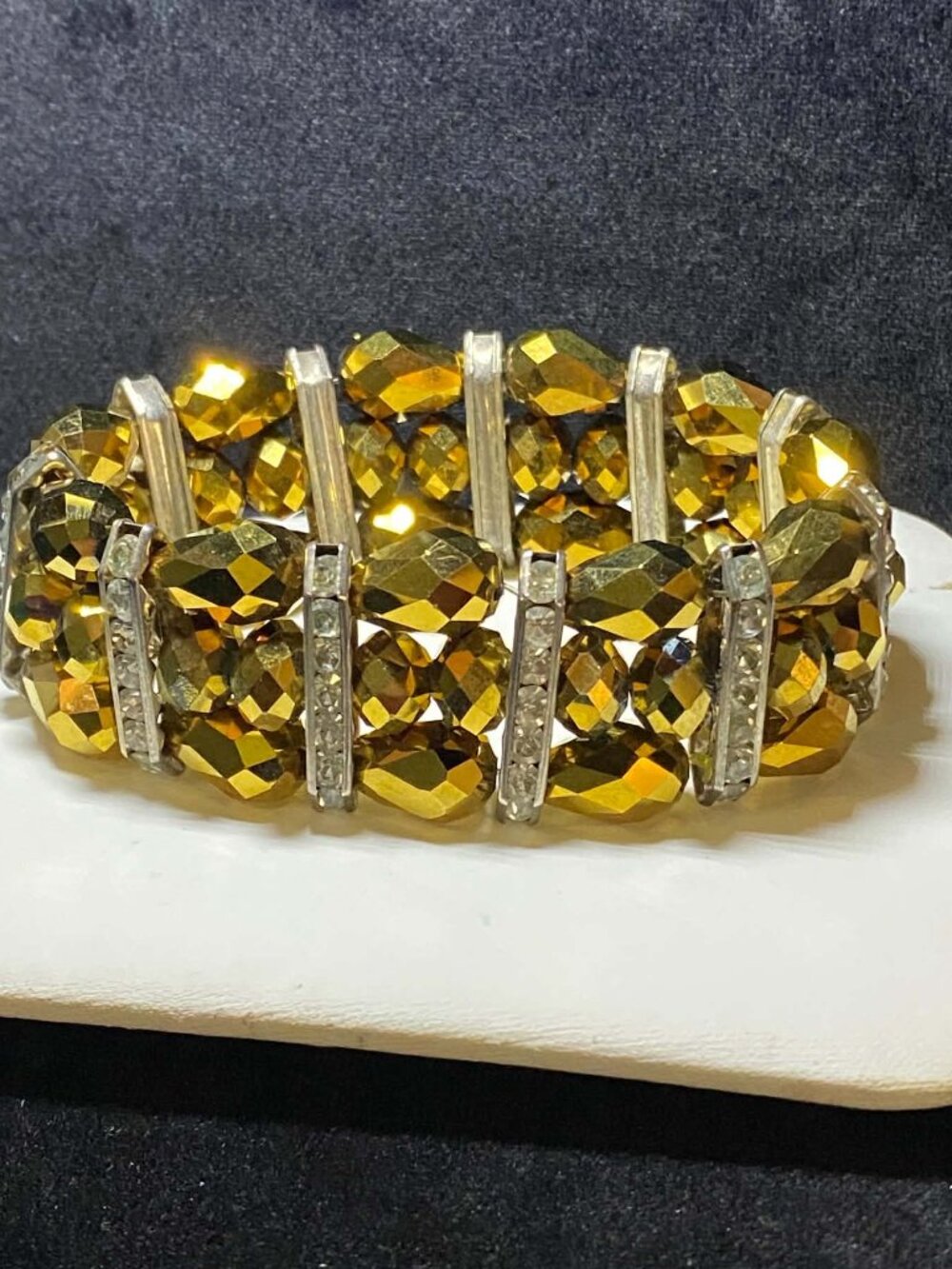 Vintage Gold tone Faceted Beads Rhinestone Stretch Statement Bracelet Avant Art